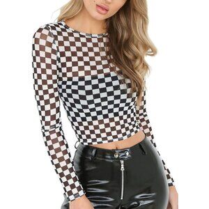 NWT Festival Mesh Black and White Checkered Long Sleeve Crop Top-XL